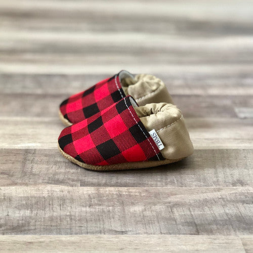 Buffalo Plaid and Tan Low Top Baby Moccasins