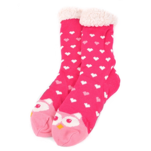 Pink Owl Plush Sherpa Winter Slipper Socks