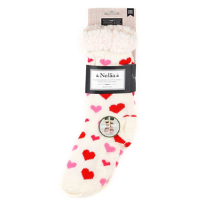 Plush Sherpa Winter Hearts Slipper Socks - White