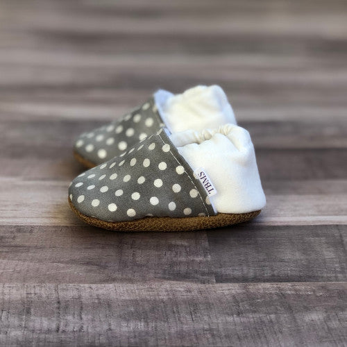 Gray and White Polka Low Top Baby Moccasins